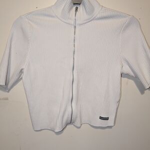 White Zip-Up Ribbed Top